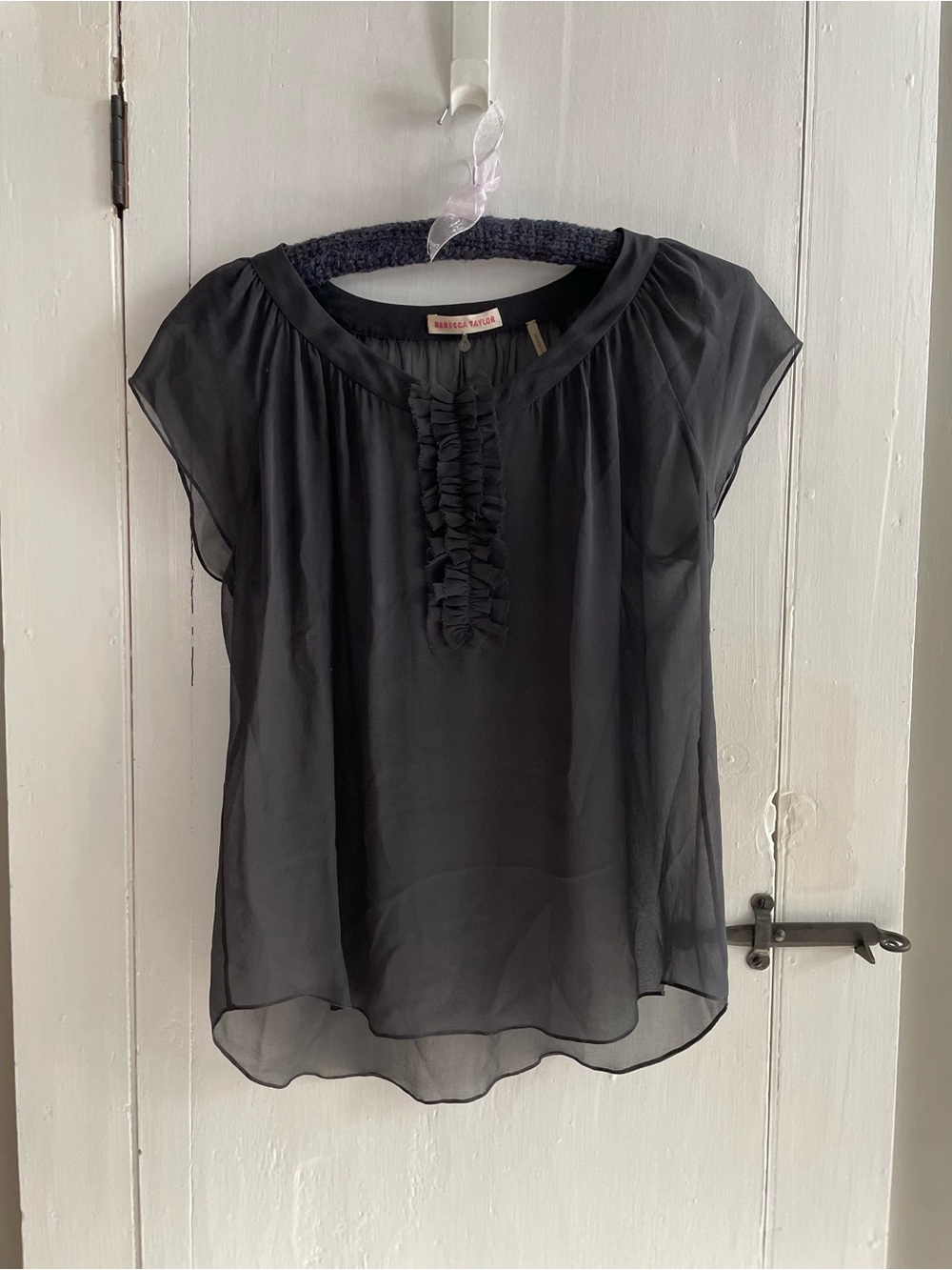 Rebecca Taylor Gossamer Silk -Sheer Black Ruffle Front- Cap-Sleeve Blouse Size 8